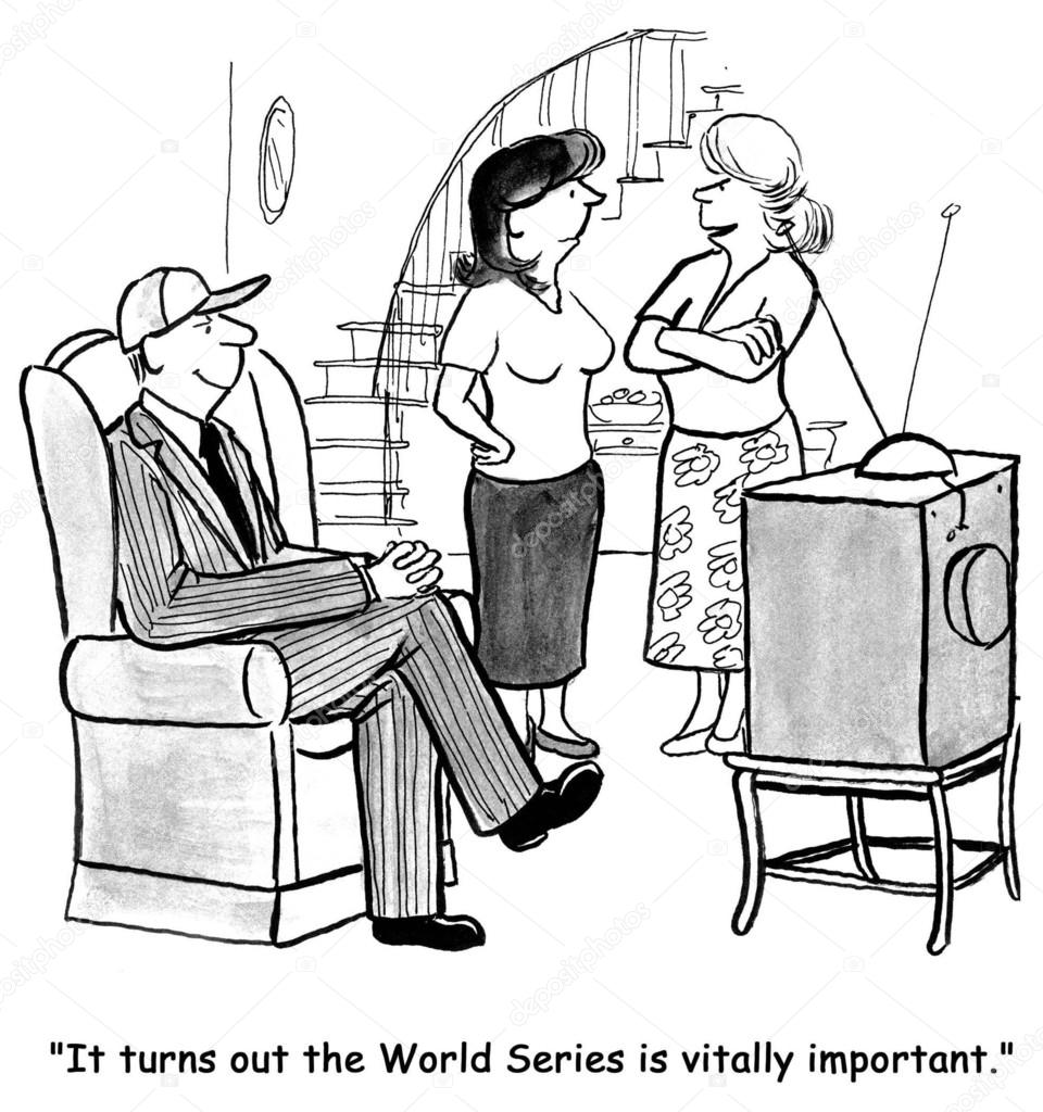 Man looks competition on TV. Cartoon illustration