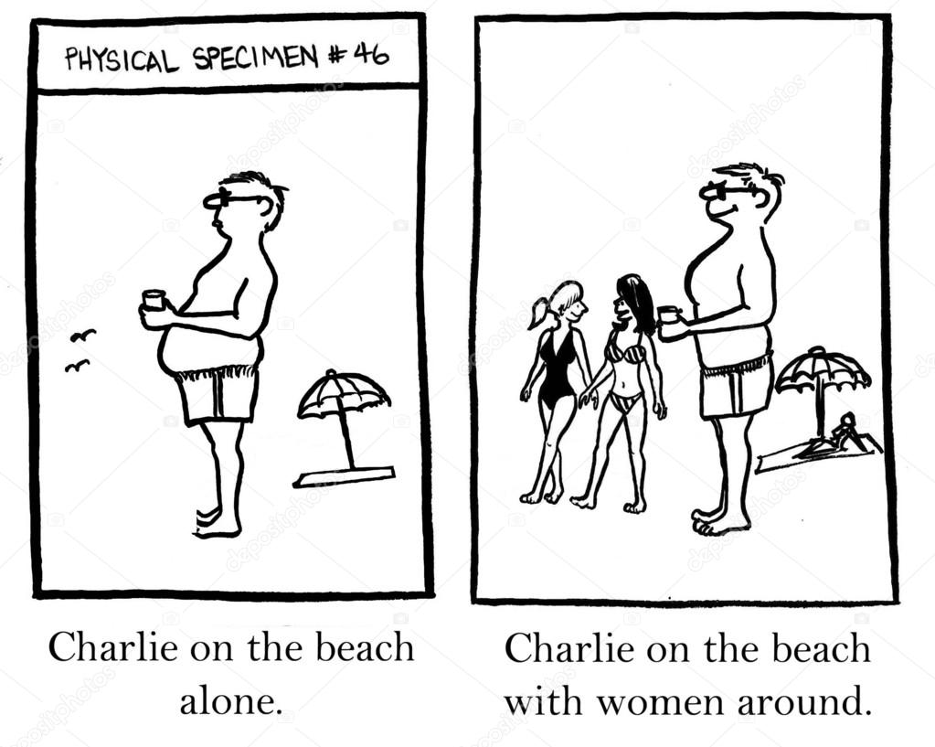 Charlie on the beach with women around. Cartoon illustration