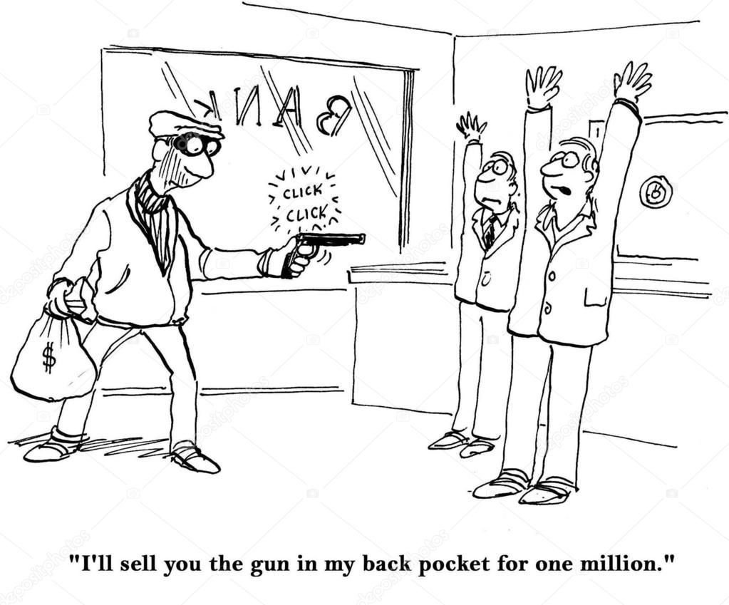 Cartoon illustration. Robber robs a bank
