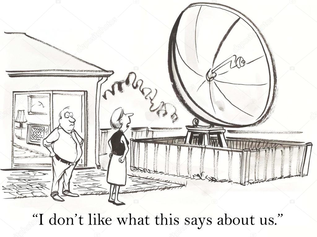 Cartoon illustration. Woman and man found a large antenna in the yard