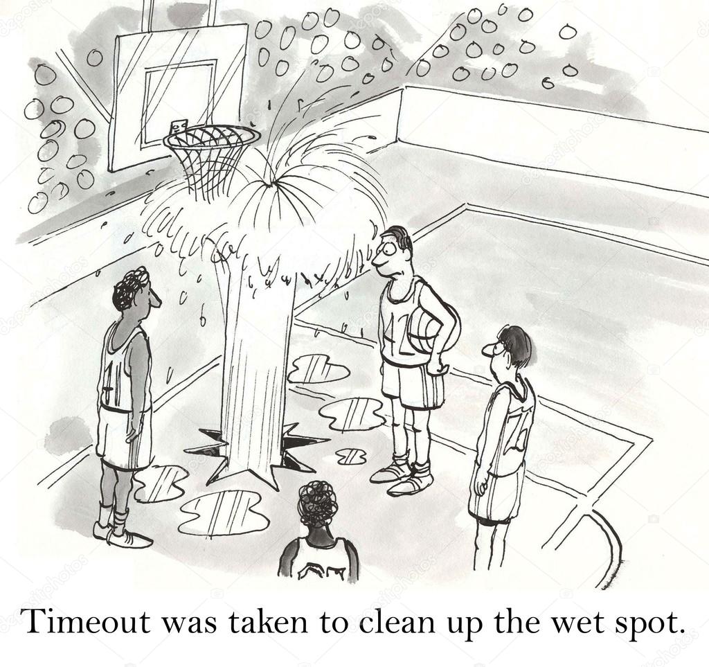 Cartoon illustration. Timeout was taken to clean up the wet spot