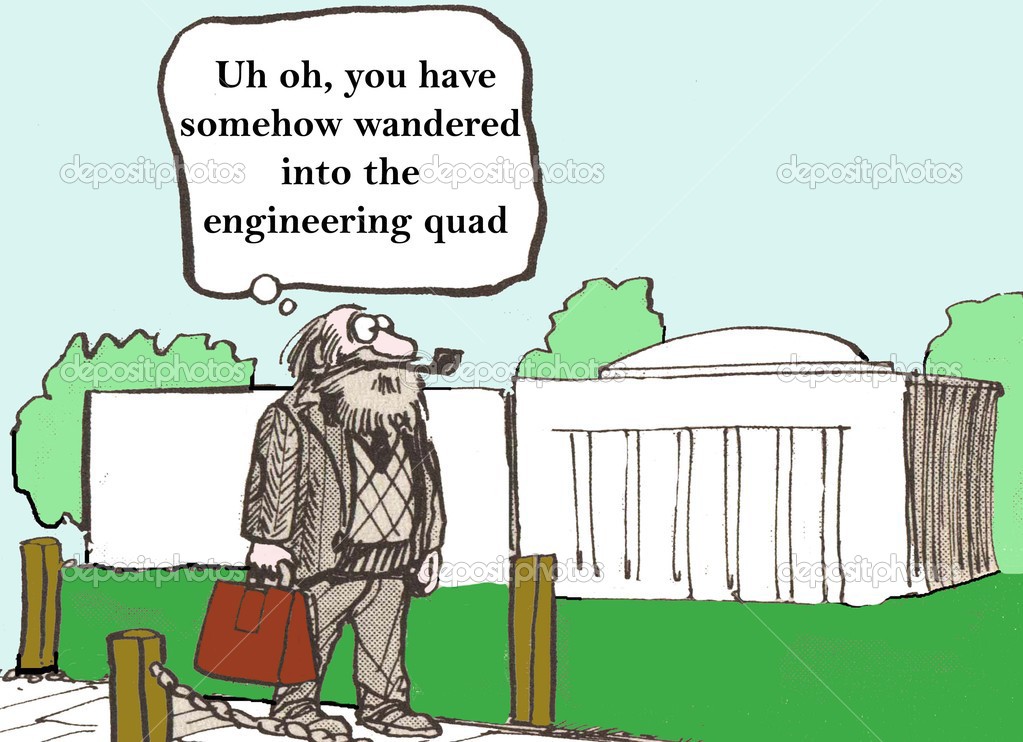 Cartoon illustration. Engineering quad