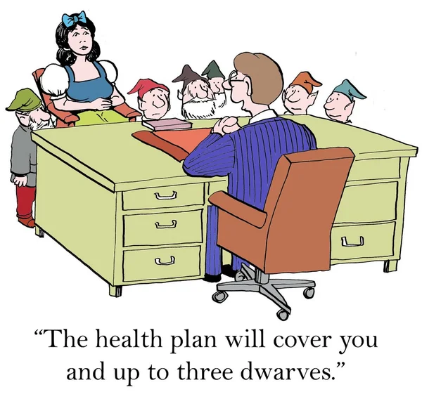 Cartoon illustration. Snow White is concerned about health coverage for the dwarves — Stock Photo, Image