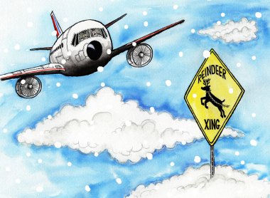 Karikatür illüstrasyon. Uçak ve yol tabelası