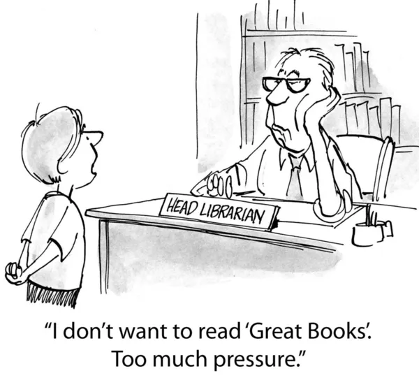小男孩正在跟无聊的图书管理员. — Stockfoto