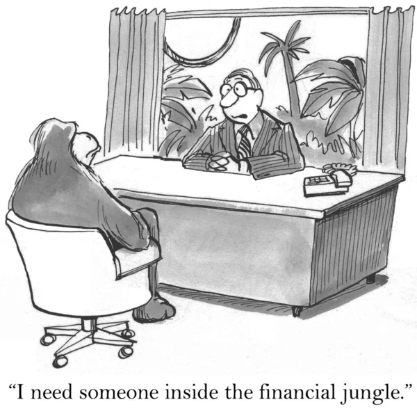 Бизнесмену нужен кто-то внутри финансовых джунглей — стоковое фото
