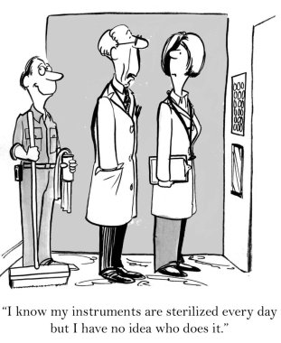 Karikatür illüstrasyon - kim doktor aletleri sterilize