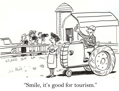 turistler için çiftçi ve karısı bir gülümseme.