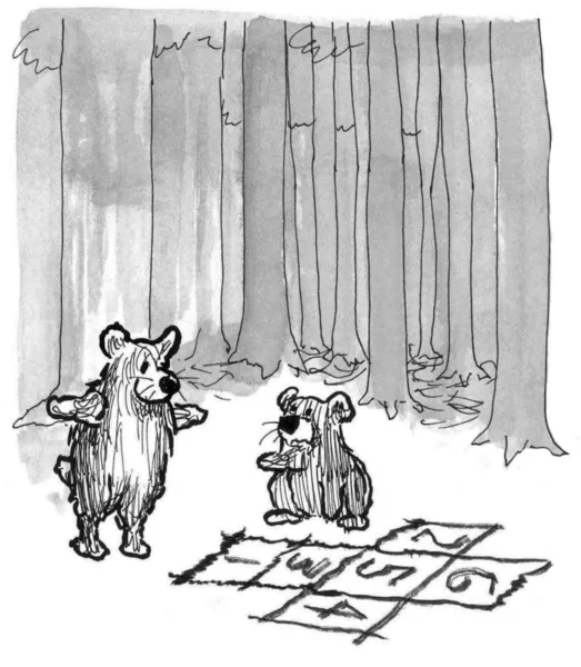 在树林里的熊孩子玩跳房子 — 图库照片