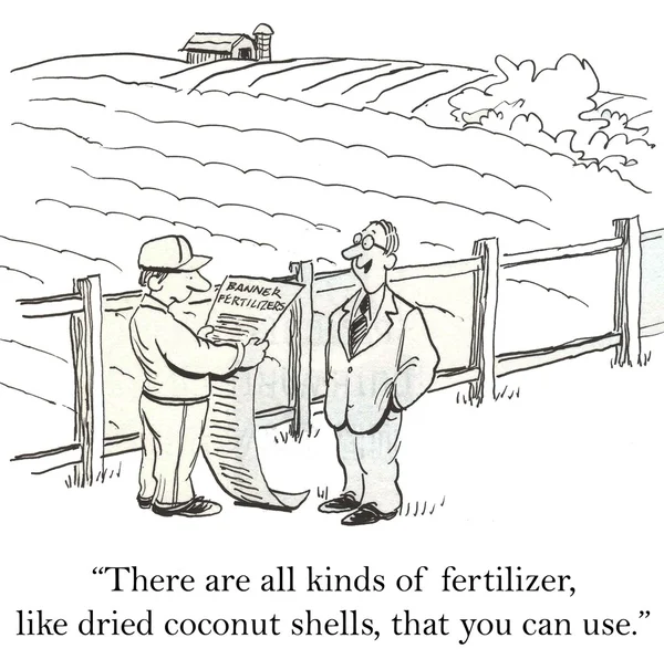 El hombre está mostrando a los agricultores todos los fertilizantes prohibidos . —  Fotos de Stock