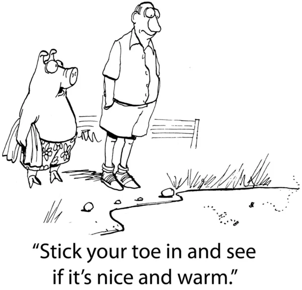 Человек и свинья возле болота. Карикатура — стоковое фото