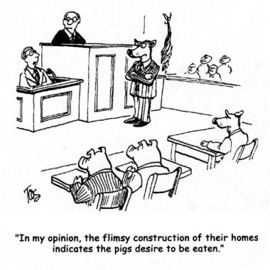 Pigs and the wolf in the courtroom. Сartoon illustration clipart