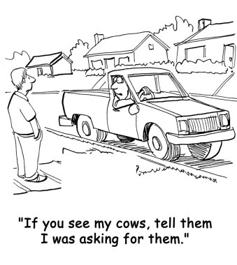 The farmer's cows have gotten loose again and he says to a neighbor in suburbia clipart