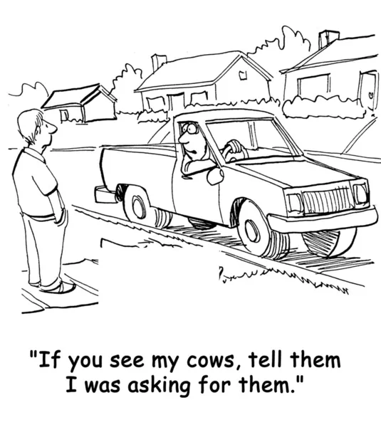 The farmer's cows have gotten loose again and he says to a neighbor in suburbia — Stock Photo, Image