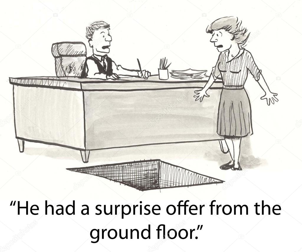 A trapdoor opens to drop a disloyal employee.