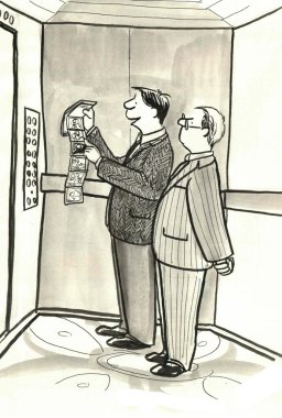 A man in the elevator shows his photos clipart