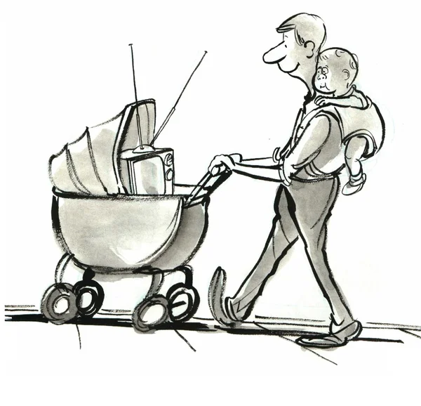 Father carries a TV in a wheelchair — Stock Photo, Image