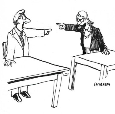 A woman and a man blame each other.