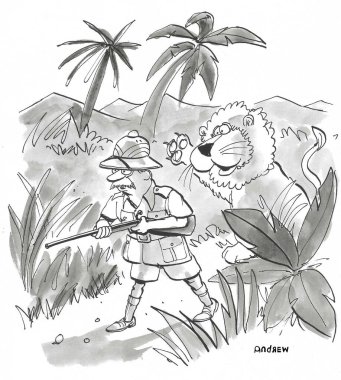 Hunter in Africa has drawn the attention of a lion.