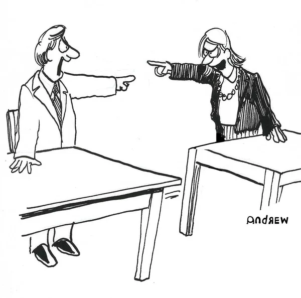 A woman and a man blame each other.