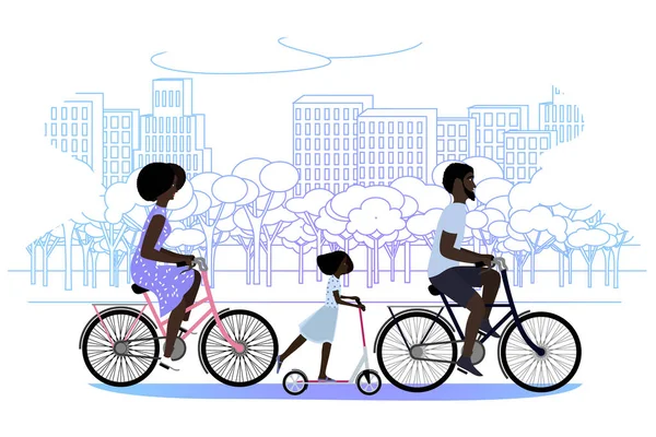 Black family in the park riding bicycles on outline backdrop — Stock Vector