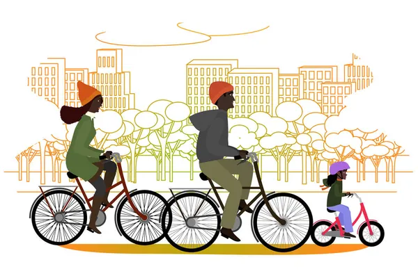Svart familj ridning cyklar på hösten på staden kontur bakgrund — Stock vektor