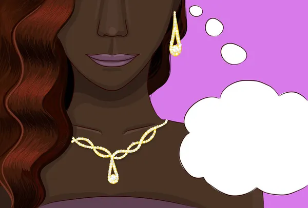 Μαύρο κορίτσι πορτρέτο με χρυσά κοσμήματα που με φούσκα ομιλία — Διανυσματικό Αρχείο