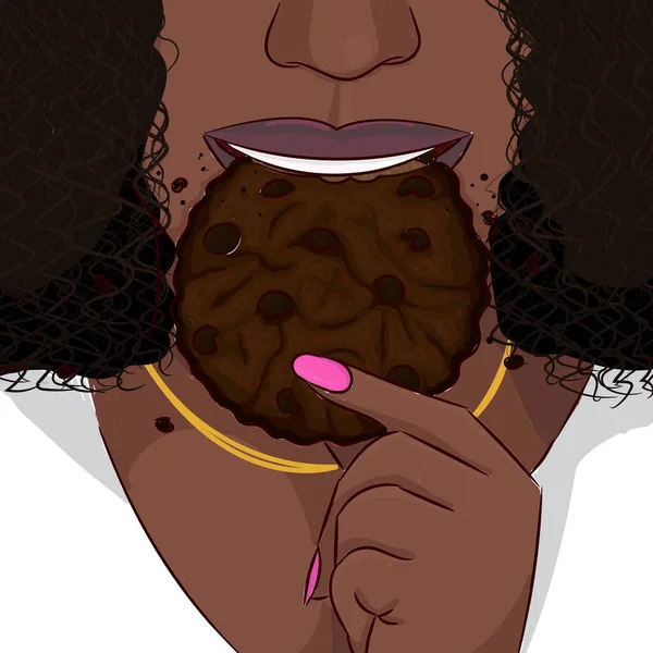 Чорна жінка їсть подвійне шоколадне печиво портрет рук — стоковий вектор