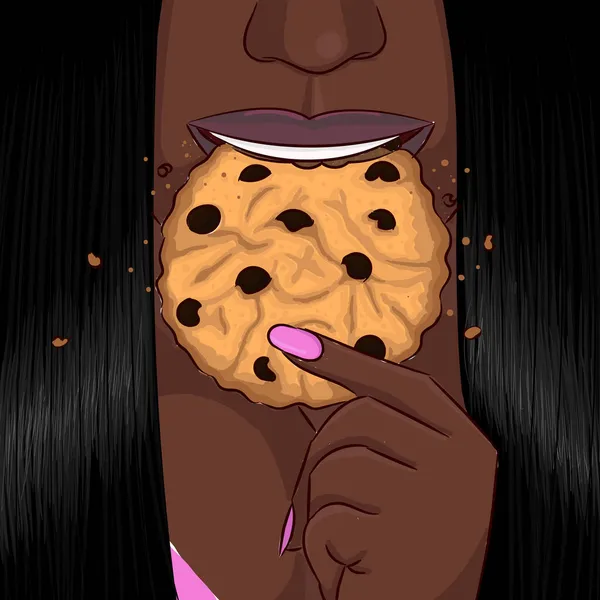 Μαύρη γυναίκα τρώει μπισκότο χέρι ζωγραφική πορτρέτο — Διανυσματικό Αρχείο