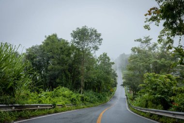 Gökyüzü Yolu, 1715 yolundaki sisli dünyaya uzanır. Nan, Thiland. Yağmur mevsiminde sisle doludur..