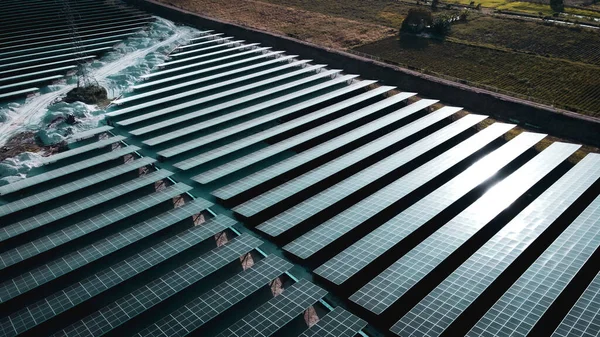 Solar Cell Panel Aerial View Photo Landscape Solar Farm Producing — Stockfoto