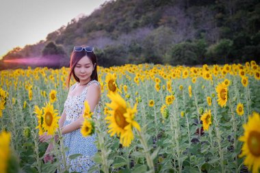Ayçiçekli mutlu kız doğanın tadını çıkarıyor ve yaz ayçiçeği tarlasında gülümsüyor. Özgürlük kavramı ve...
