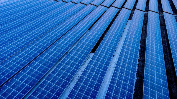 Visão Superior Dos Painéis Solares Célula Solar Fazenda Solar Iluminação — Fotografia de Stock