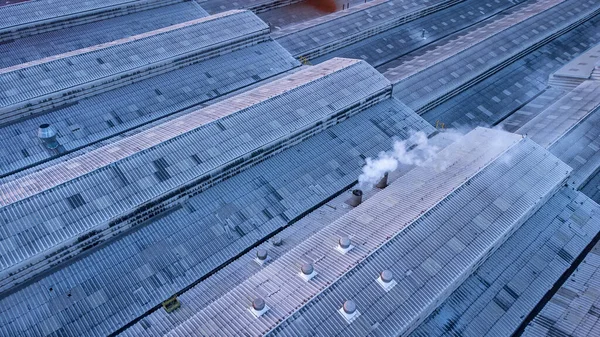 Gün Batımında Mavi Gökyüzüne Karşı Beyaz Dumanlı Ağır Endüstriyel Fabrika — Stok fotoğraf