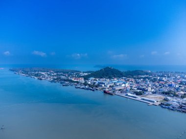 Aerial view of fisherman dock which has many ships anchoring for transport seafood and supplies on island of Songkhla, Thailand