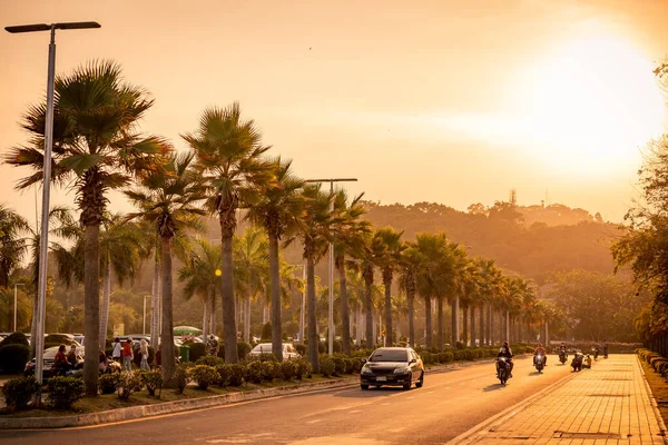 Songkhla, Tayland - Şubat 2022 - Songkhla Parkı 'ndaki kalamar plajına yakın Miami Plajı. Hindistan cevizi plaka ağacı ve yol yolu ile Songkhla' nın güzel simgesi..