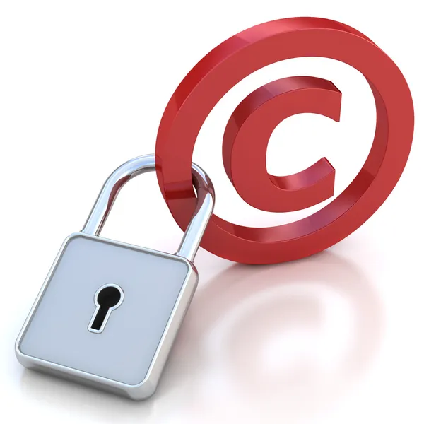 Red glossy copyright sign with padlock on a white background — Stock Photo, Image