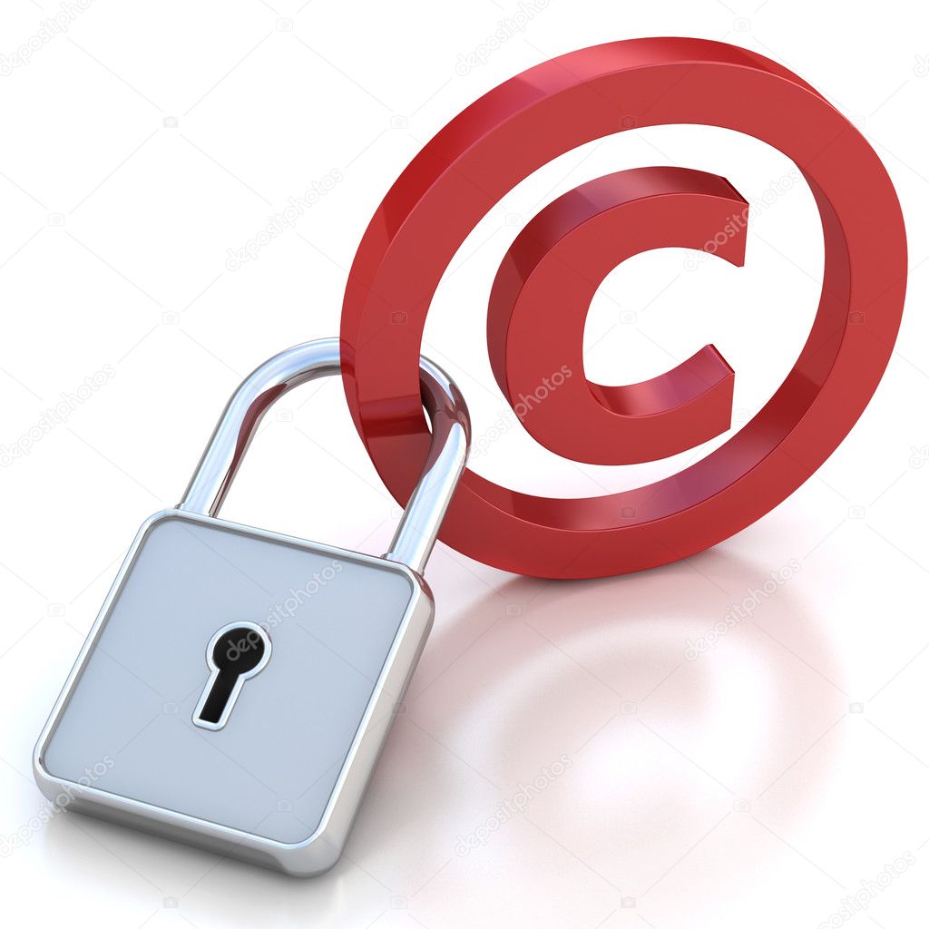 Red glossy copyright sign with padlock on a white background