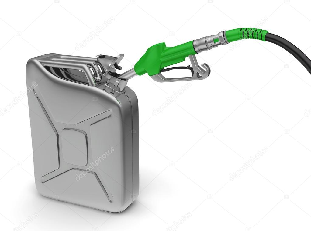 Gas pump nozzle and jerrycan on white background. 3d
