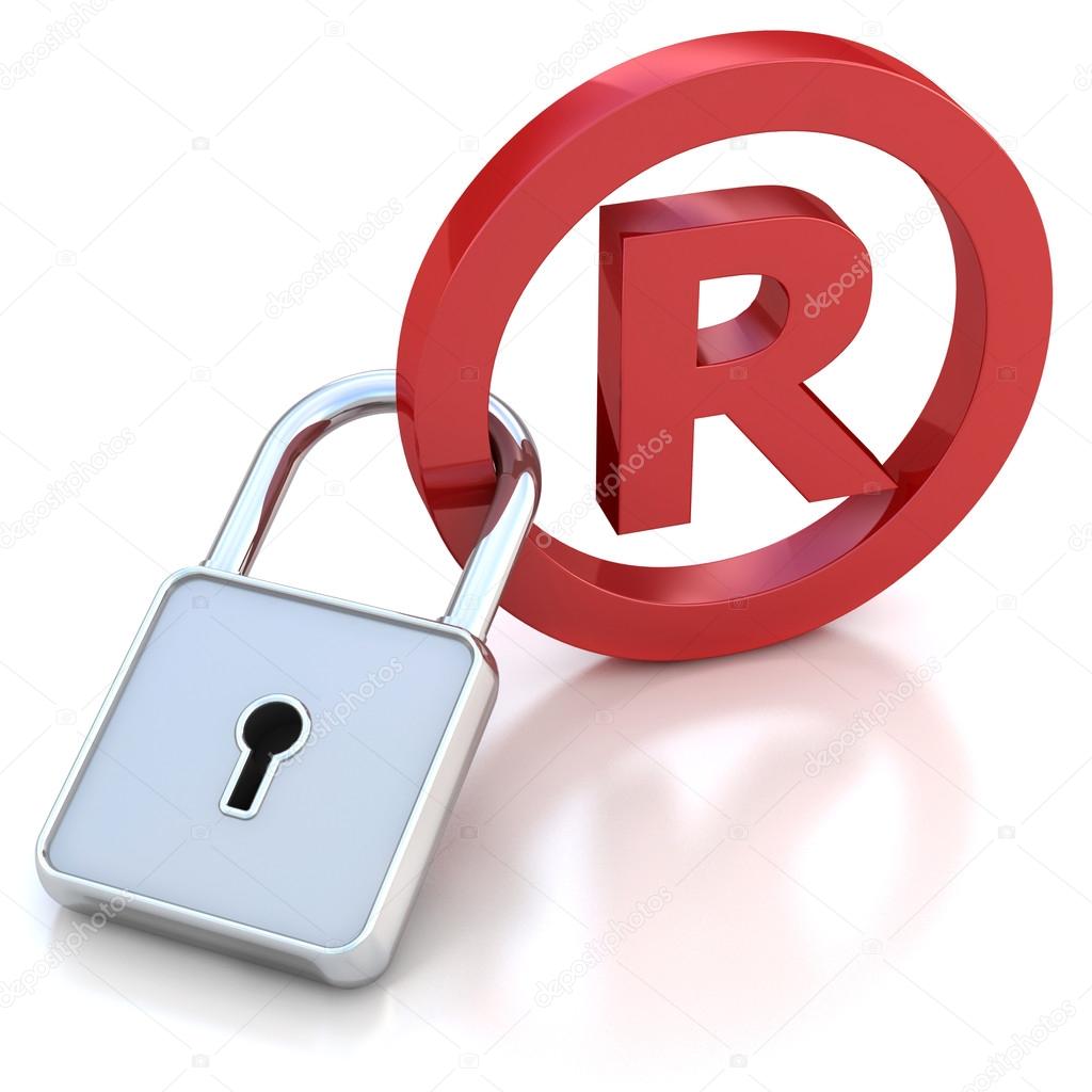 Red glossy Trademark sign with padlock on a white background