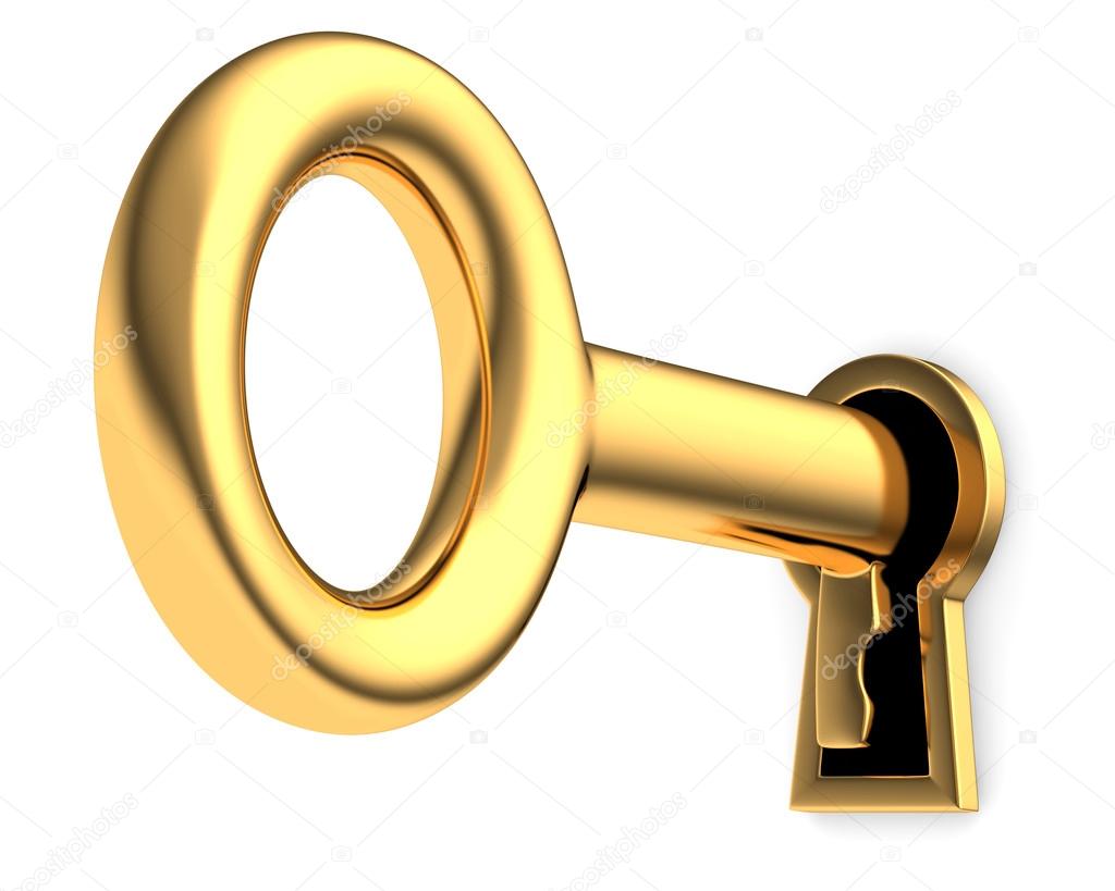 Golden key in keyhole