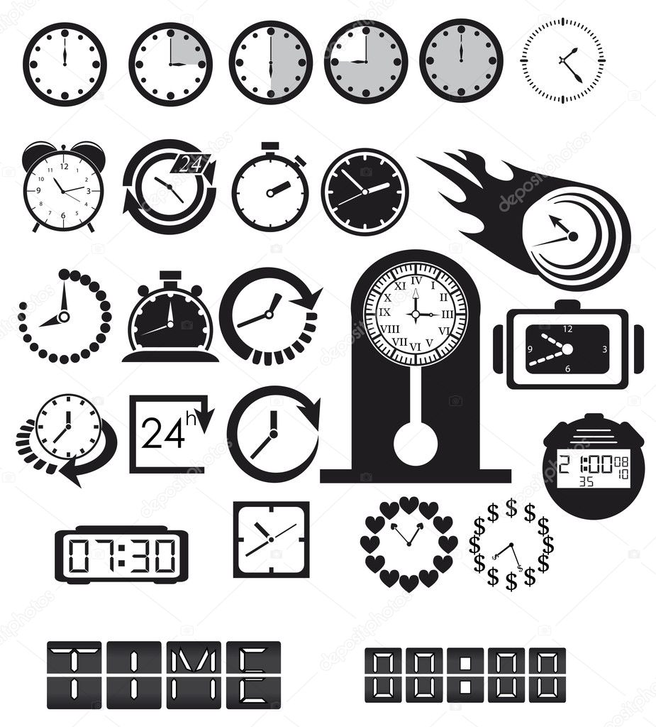 Clocks, time icons set