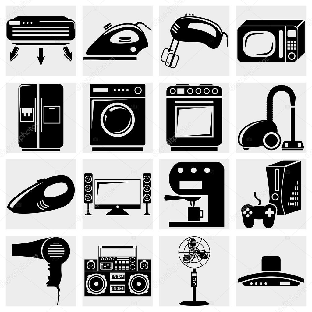 A vector collection of home appliances icons set on gray