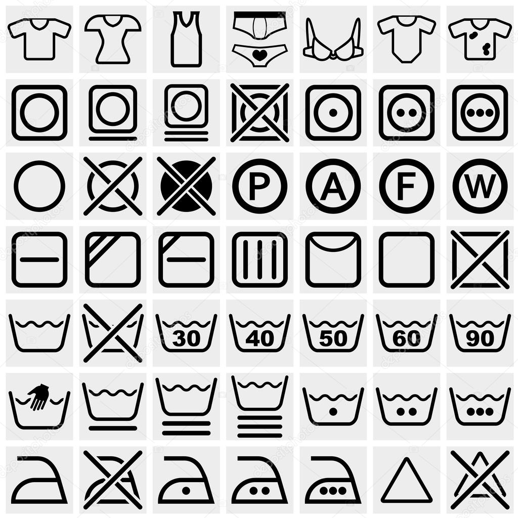 Washing symbols (Washing instruction symbols, bleaching and Ironing instruction, Dry clean icon) vector icon set on gray