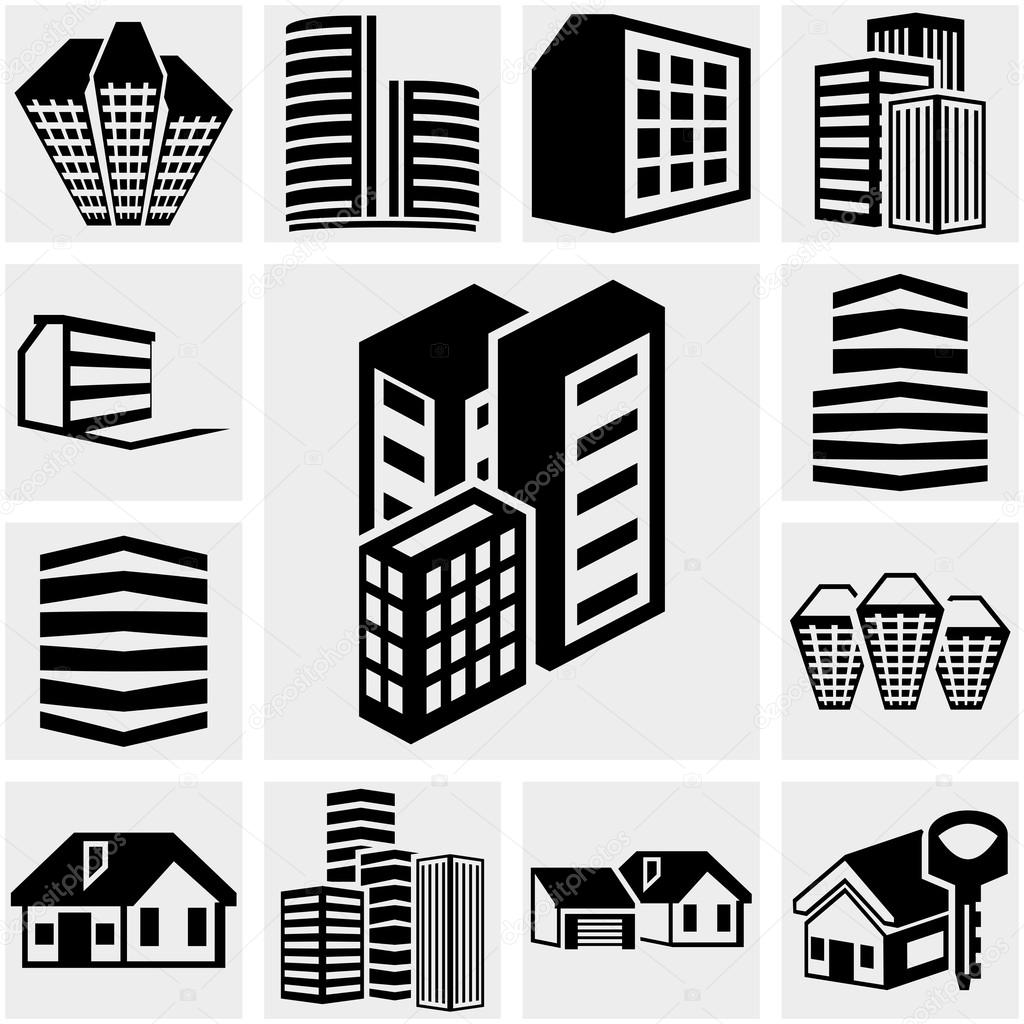 Buildings vector icon set on gray