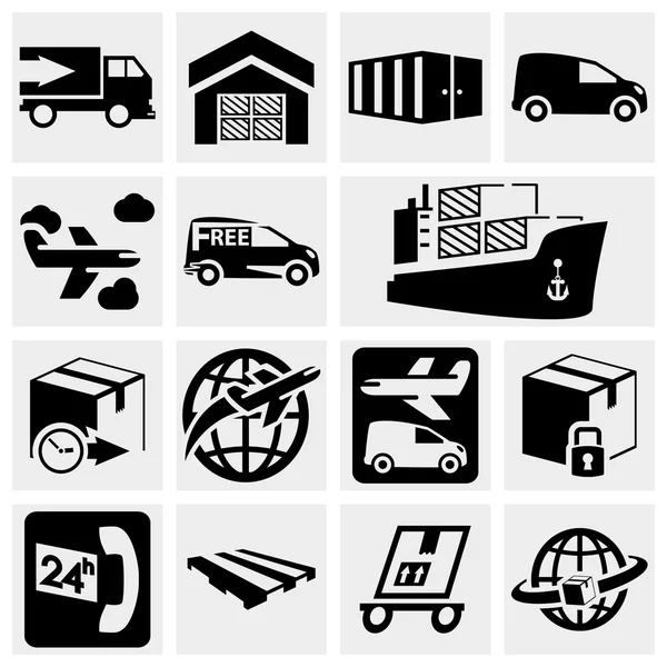 Icons vector logística e transporte definido na cinza. — Vetor de Stock