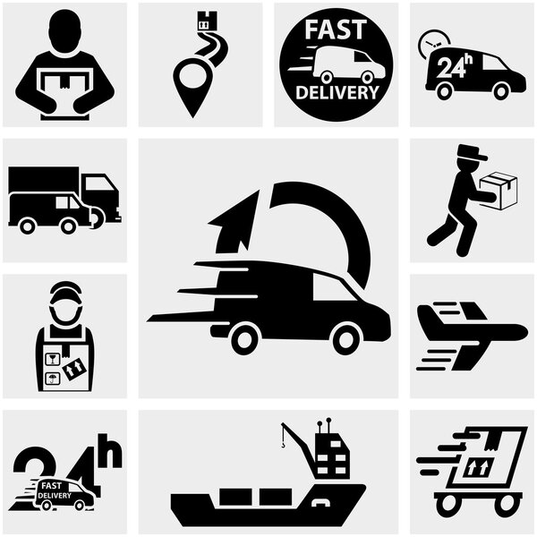 Shipping and delivery vector icons set on gray.
