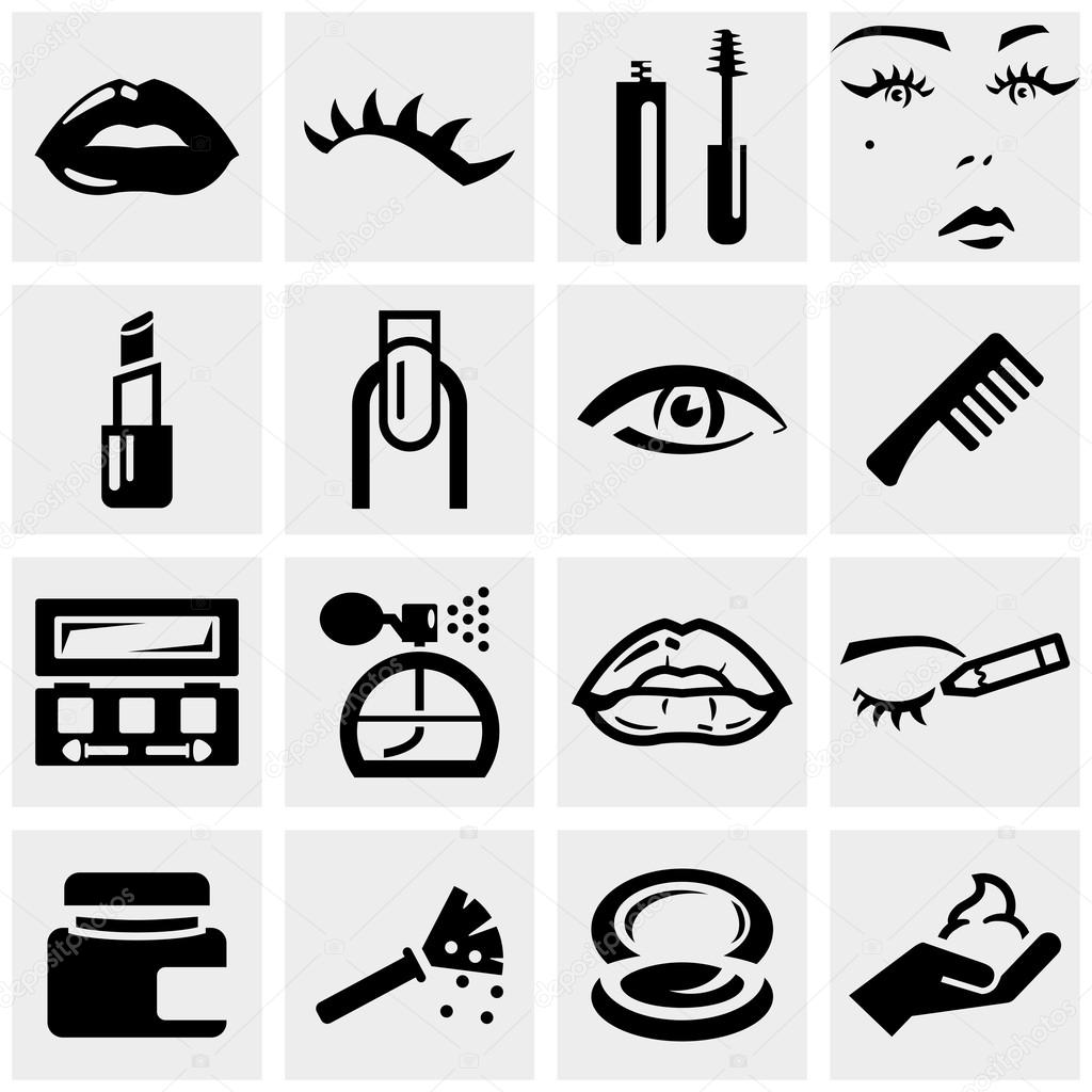 Cosmetics vector icons set on gray.