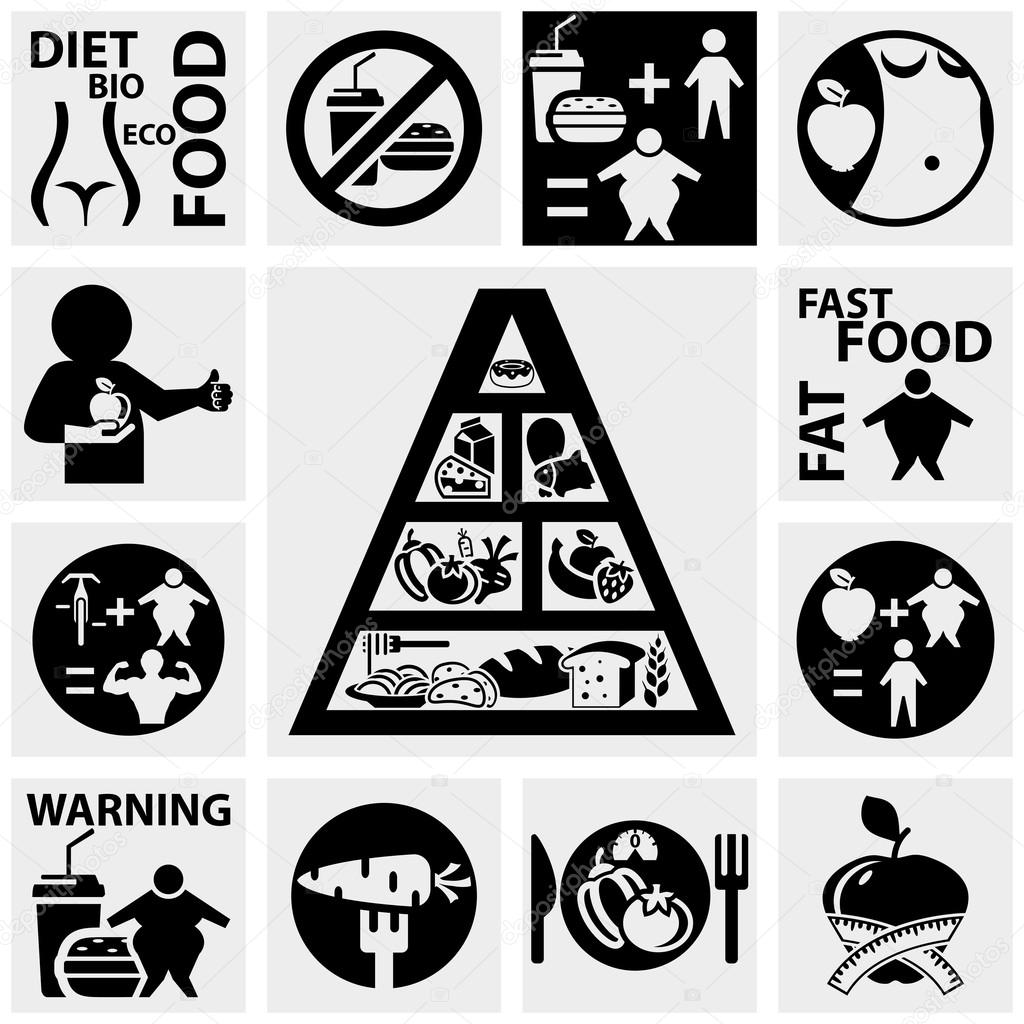 Diet and fitness vector icons set on gray