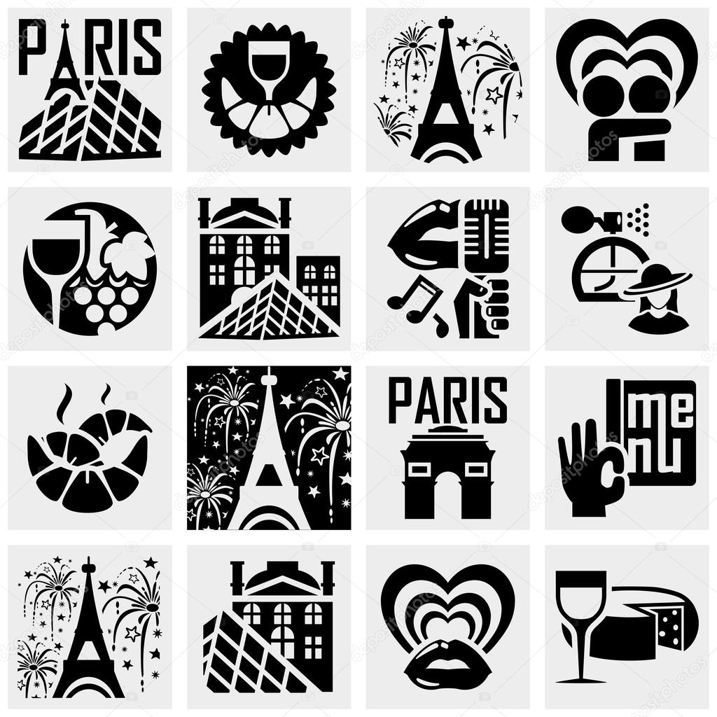 Paris vector icons set on gray.